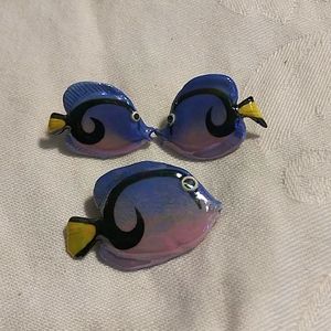 Ceramic Artist Signed Fish Family Pink Blue Yellow Black Pin Earrings Pierced